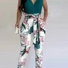 Levency New In Plain Ruched Top & Floral Print Pants Set