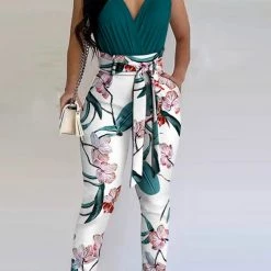 Levency New In Plain Ruched Top & Floral Print Pants Set