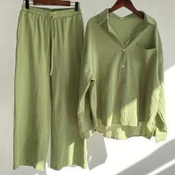 Levency Button Blouse Wide Leg Pants Set New In