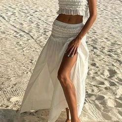 Levency Beachy Kisses Shirred Crop Maxi Skirts Set New In