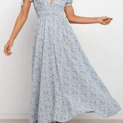 Levency Shirred Waist V Neck Maxi Dress New In