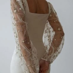 Levency Tulle Sleeve Square Neck Bodycon Midi Dress 8 Levency Tulle Sleeve Square Neck Bodycon Midi Dress