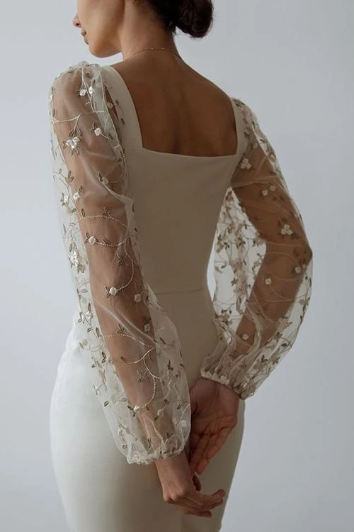 Levency Tulle Sleeve Square Neck Bodycon Midi Dress 3 Levency Tulle Sleeve Square Neck Bodycon Midi Dress