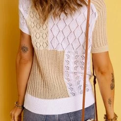 Levency Color Block Eyelet Short Sleeve Sweater 21 Levency Color Block Eyelet Short Sleeve Sweater