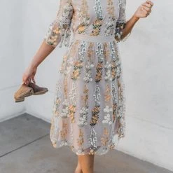 Levency New In Flutter Sleeves Bloom Embroidered Dress