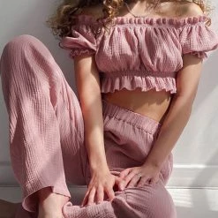 Levency Off Shoulder Ruched Crop Top Pants Sets