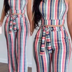 Levency Print Halter Backless Crop Pants Set