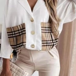 Levency New In Lapel Plaid Pocket Button Blouse