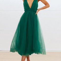 Levency Plunging Neck Backless Mesh Midi Dress New In