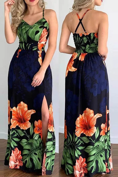Levency Tropical Print Slit Crisscross Backless Maxi Dress New In 3 Levency Tropical Print Slit Crisscross Backless Maxi Dress New In