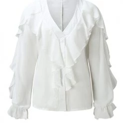 Levency New In Ruffles Button V Neck Blouse