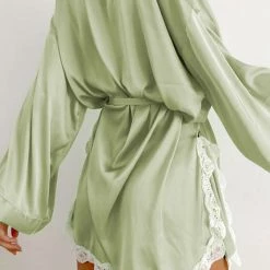 Levency New In Sage Green Lace Satin Robe
