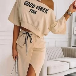 Levency Letter Crop Hoodie Slit Skirts Set New In