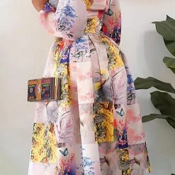 Levency Print Ruffles Puff Long Sleeve Midi Dress New In