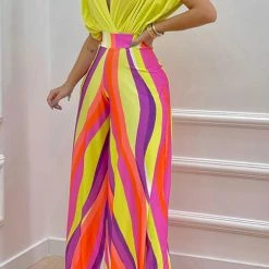 Levency New In V Neck Bat Blouse Print Wide Leg Pants Set