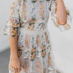 Levency New In Flutter Sleeves Bloom Embroidered Dress