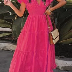 Levency New In V Neck Ruffles Tiered Midi Dress