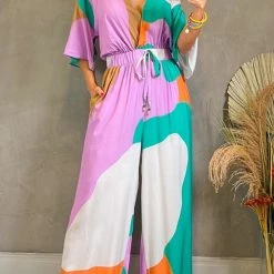 Levency Print V Neck Bat Drawstring Jumpsuits New In