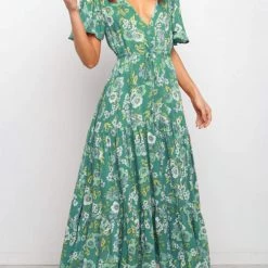 Levency New In Floral V Neck Tie Waist Maxi Dress