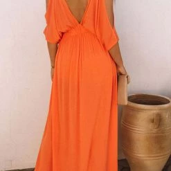 Levency Cold Shoulder Slit Bat Sleeve V Neck Maxi Dress New In