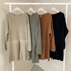 Levency O Neck Puff Long Drawstring Sweater Romper