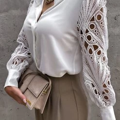 Levency New In Hollow Lace Turndown Collar Blouse