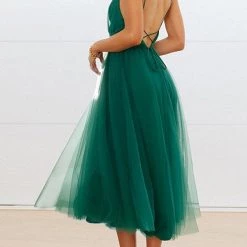 Levency Plunging Neck Backless Mesh Midi Dress New In