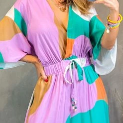 Levency Print V Neck Bat Drawstring Jumpsuits New In