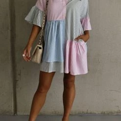 Levency New In Stripe Color Block Half Button Mini Dress