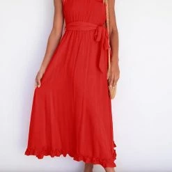 Levency Ruffles One Shoulder Belted Maxi Dress