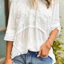 Levency New In Off The Shoulder Flare Sleeve Crochet Tunic