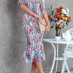 Levency New In V Neck Puff Sleeve Smocked Waist Midi Dress