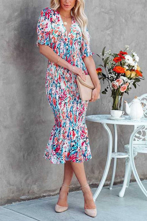 Levency New In V Neck Puff Sleeve Smocked Waist Midi Dress 2 Levency New In V Neck Puff Sleeve Smocked Waist Midi Dress