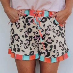 Levency New In Leopard Patchwork Drawstring Shorts