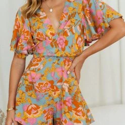 Levency New In Sage Floral Tie Back Printed Romper