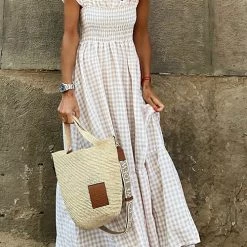 Levency New In Plaid Ruffles Smocked Maxi Dress