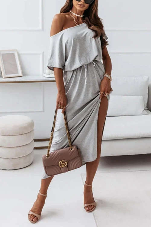 Levency Dew Shoulder Slit Belted Bat Dress 3 Levency Dew Shoulder Slit Belted Bat Dress