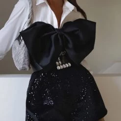 Levency Satin Bow Halter Neck Sequin Short Romper New In