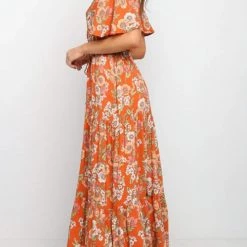 Levency New In Floral V Neck Tie Waist Maxi Dress