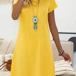 Levency New In Solid V Neck Short Sleeve Mini Dress