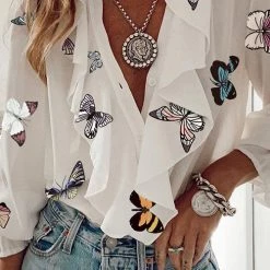 Levency New In Ruffles Button V Neck Blouse