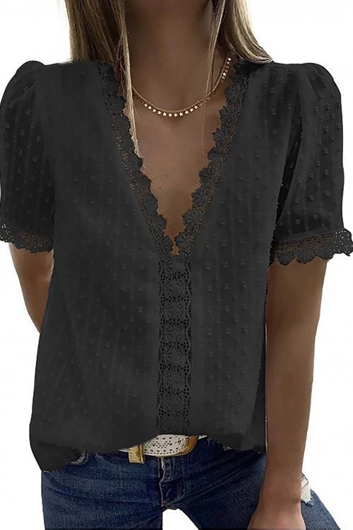 Levency Lace V Neck Puff Short Sleeves Blouses 9 Levency Lace V Neck Puff Short Sleeves Blouses