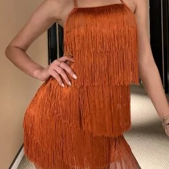 Levency New In Halter Neck Open Back Tassel Hem Romper