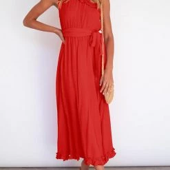Levency Ruffles One Shoulder Belted Maxi Dress