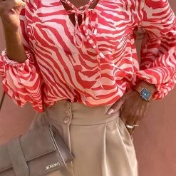 Levency Zebra Puff Sleeve Lace Neck Top