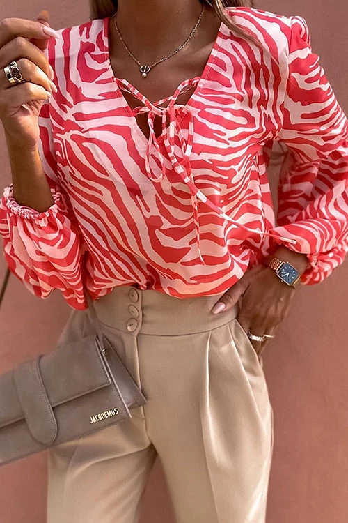 Levency Zebra Puff Sleeve Lace Neck Top 2 Levency Zebra Puff Sleeve Lace Neck Top