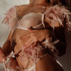 Levency New In Cutout Feather Detail Plain Lingerie Set