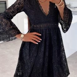 Levency See Though Flares Sleeve V Neck Mini Dress