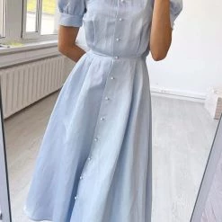 Levency Pearl Button O Neck Shirt Maxi Dress