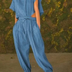 Levency Slit Back Solid Drawstring Jumpsuit 20 Levency Slit Back Solid Drawstring Jumpsuit